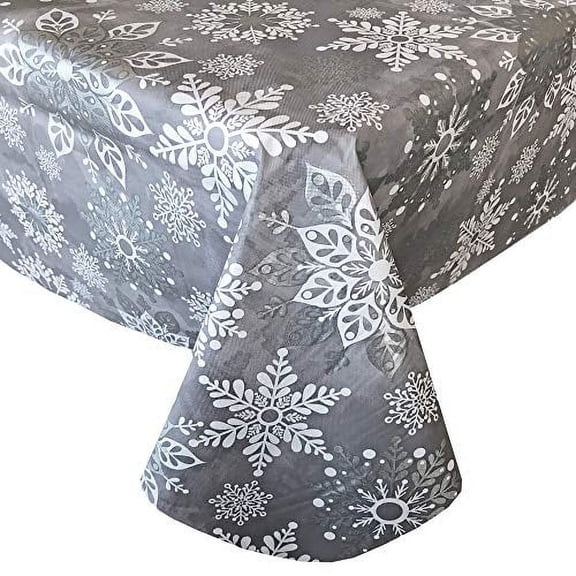 Newbridge Winter Sparkle Snowflake Grey and Silver Vinyl Flannel Backed Tablecloth - Grey Glitter Snowflake Print Wipe Clean Easy Care Holiday Tablecloth, 52? x 70? Oblong/Rectangle, Grey/Si