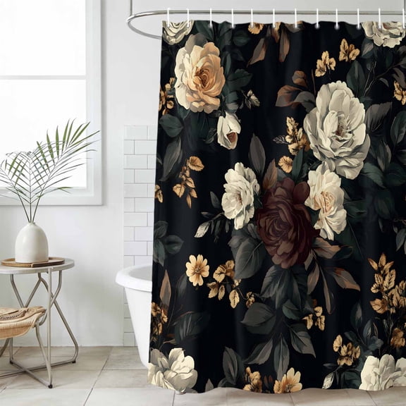 Vintage Black Floral Waterproof Fabric Shower Curtain,Spring Seasonal Botanical Blooms Waterproof Fabric Shower Curtain for Bathroom Curtains Bathtubs Shower Curtains with 12 Hooks Small 36x72in