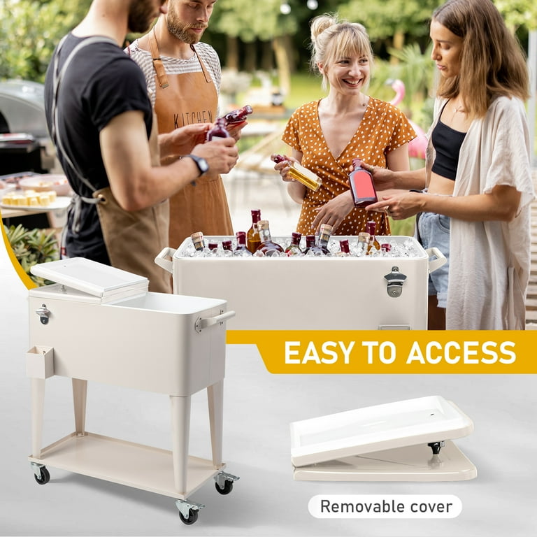 Ktaxon 80 Qt Rolling Ice Chest Cooler Cart Outdoor Trolley with Storage Shelf, Bottle Opener & Cap Collector for 48 Hour Cold Drinks,White