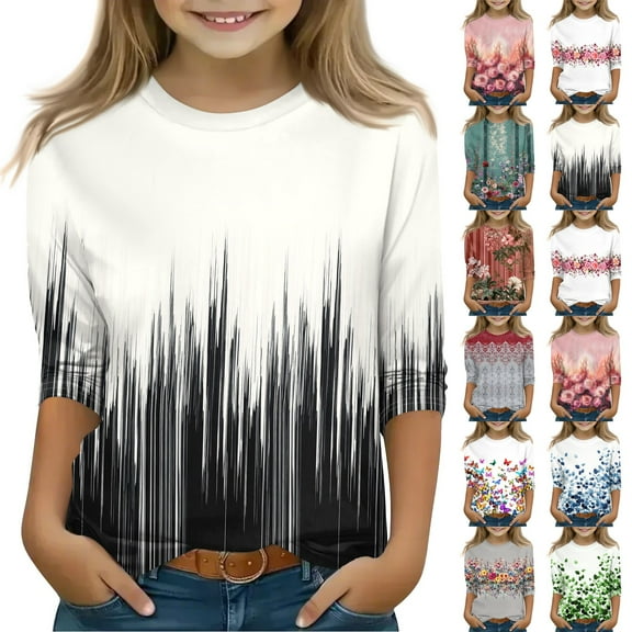 Drmagiyhm Black Girls 3/4 Sleeve T Shirts Size 10-12 Casual Floral Print Shirts Stylish Cute T Shirt Little Girl Fall Winter Crewneck Tees 12-14 Years