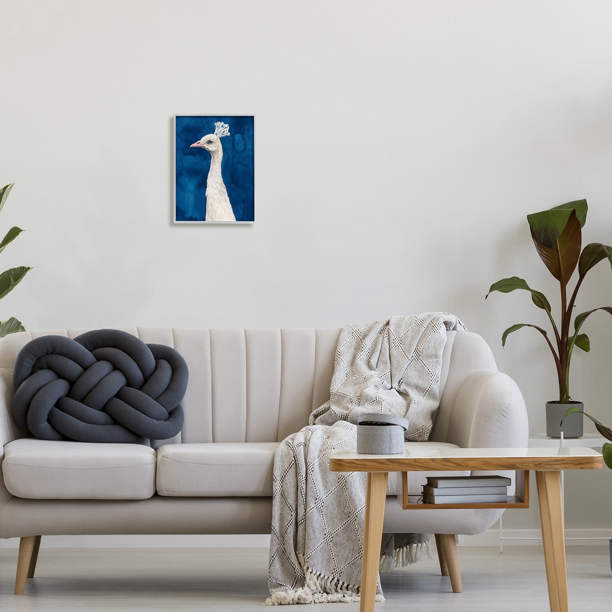 Stupell Industries Gorgeous Royal Blue White Feathers Peacock Portrait Paintings Gray Framed Art Print Wall Art, 11x14, by Grace Popp
