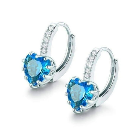 - CLEARANCE - Heart Shaped Island Blue Diamond CZ Solitaire Hoop Earrings White Gold