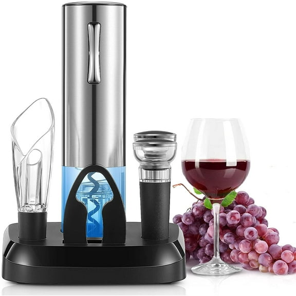 Electric Wine Opener, Cordless Automatic Electric Wine Bottle Opener with Charging Base, Vacuum Freshener with 2 Stoppers, Foil Cutter,Wine Pourer,Adaptor