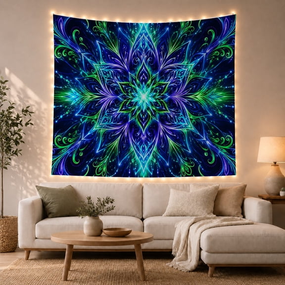 Neon Floral Mandala on a Black Background, Mystical Psychedelic Style for Art Lovers, Abstract Wall Art, Housewarming Gift, Tapestry Wall Hanging for Bedroom and Dorm