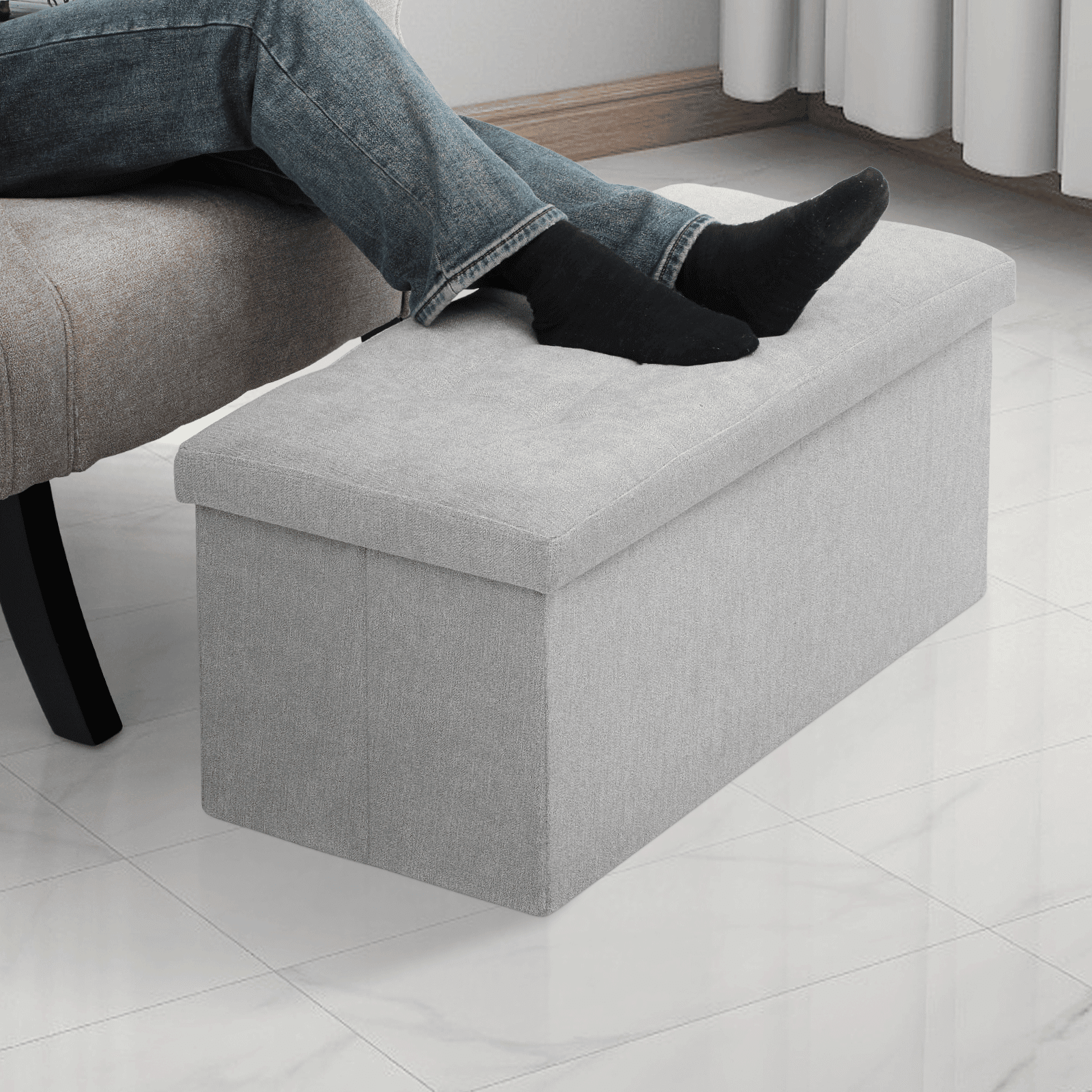 MoNiBloom 30" Folding Storage Ottoman Bench, Cotton-linen Collapsible Footrest Ottoman with Storage, for Living Room Bedroom Entryway, Light Gray