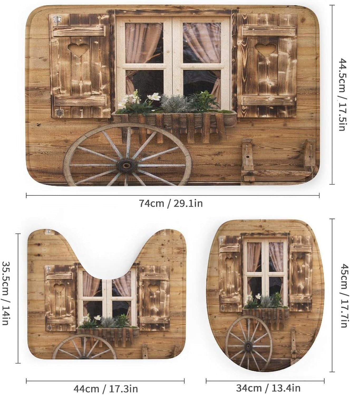 Country Barn Door 4 Pcs Shower Curtain set Bathroom Set Rustic Farmhouse Wooden Board Full Moon Shower Mat Shower Curtain with Rug 12 Hooks,72" W x 72" L