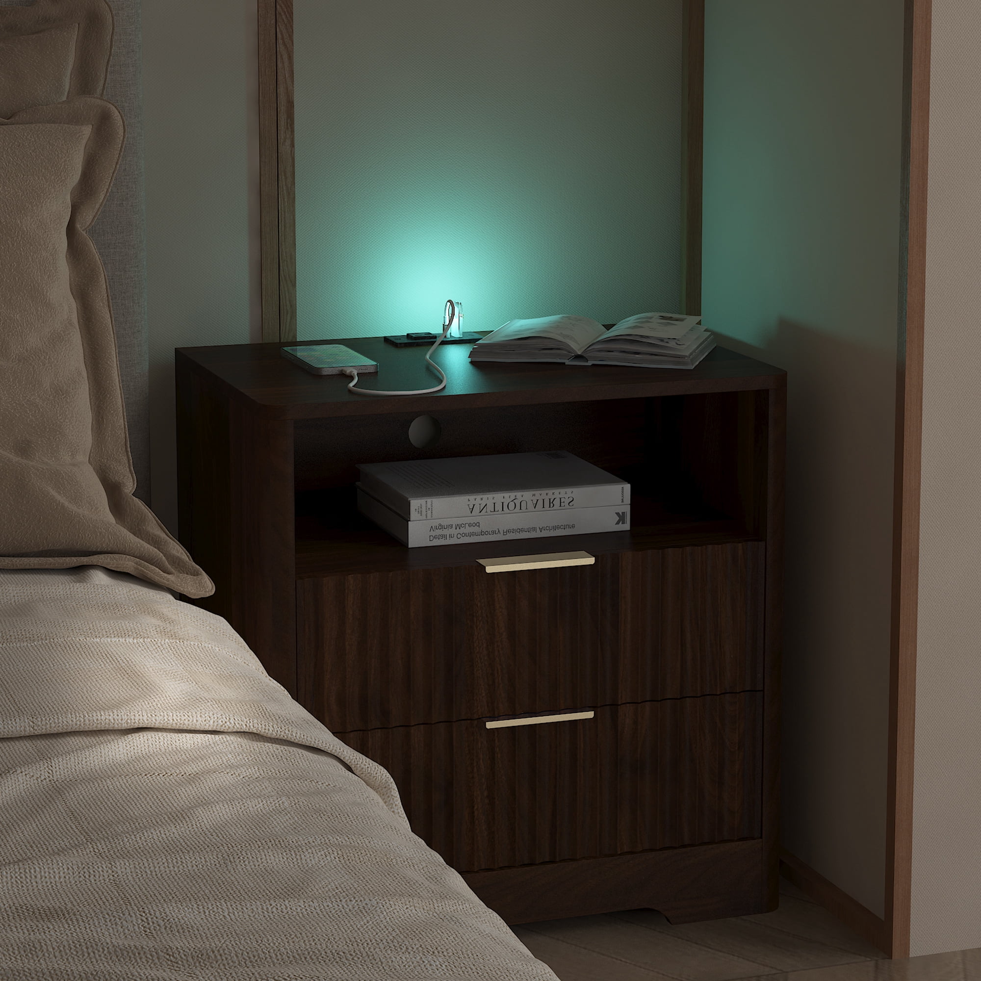 Aukfa Smart 2 Drawer Nightstand with Voice Control & Charging Station,7-Color LED Bedside Table for Bedroom,Walnut