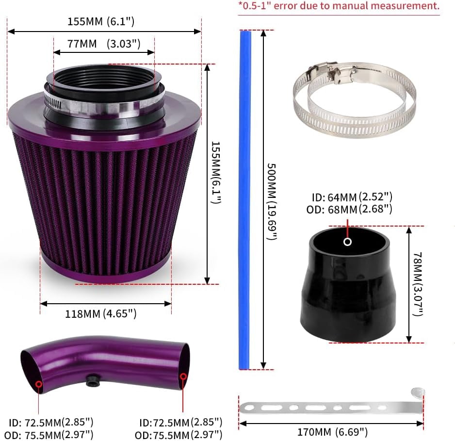 3'' Cold Air Intake Kit Aluminum Automotive Cold Air Intake Pipe Filter Induction Flow Hose Pipe Kit, Purple