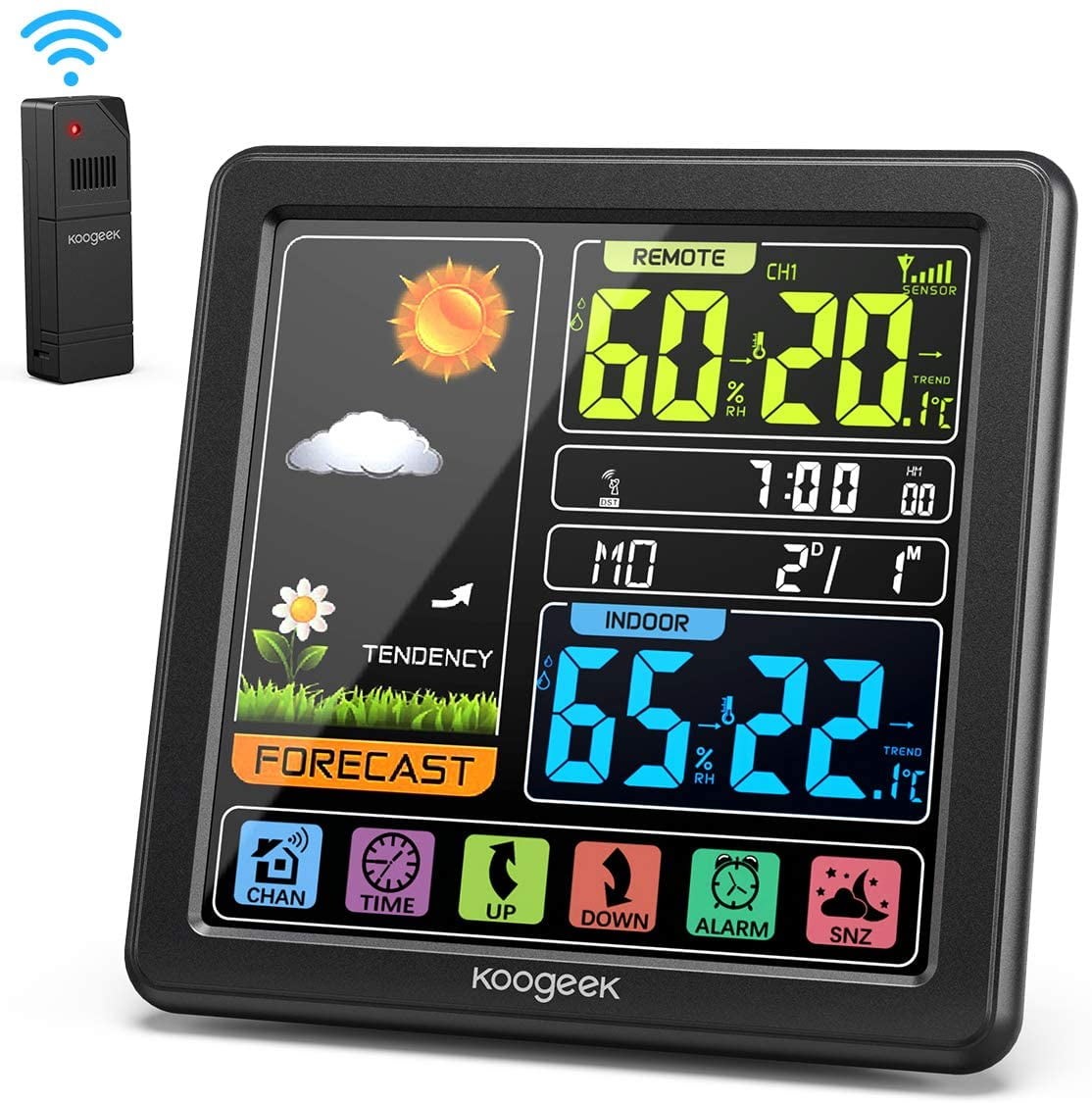 Black Souarts Wireless Weather Station with Outdoor Indoor Sensor Digital Temperature Humidity Monitor Alarm Clock with Thermometer Hygrometer for Home Garden