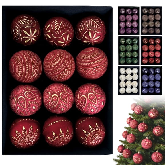 Dmlowu 12Pcs Antique Christmas Ornaments Sets, Vintage Hanging Christmas Ball Ornaments with Gift Box, Christmas Tree Decorations for Home Wedding Holiday Party
