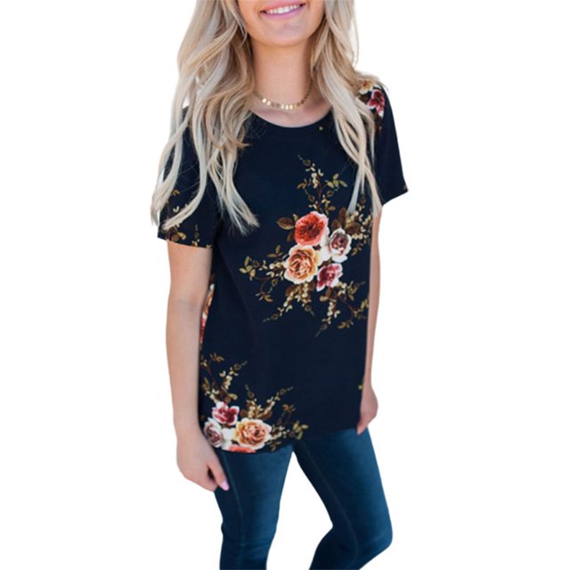 DYMADE Blouse Décontractée à Manches Courtes Imprimé Floral Col Rond pour Femmes