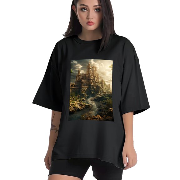 Plus Size Shirt for Women Black Tops for Women Short Sleeves Shirt for Women Castle T Shirt Crewneck Shirt for Women XS