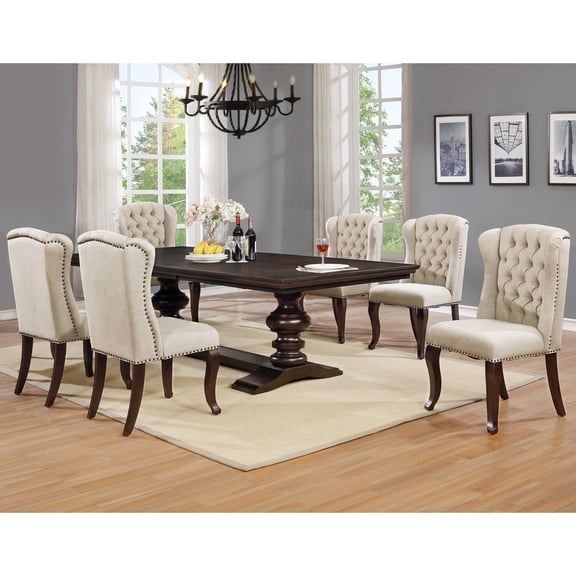 Cappuccino Wood 7pc Dining Set with Extendable Table   Beige Chairs
