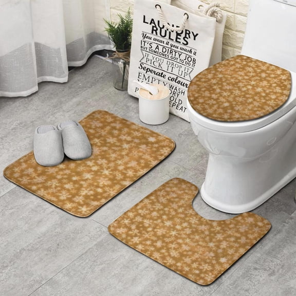 Golden Christmas Snowflake Pattern Bathroom Rugs Sets 3 Piece,Toilet Cover Set,Absorbent Non Slip Bathroom Mats Sets with U-Shaped Contour Rug Toilet Rug Set