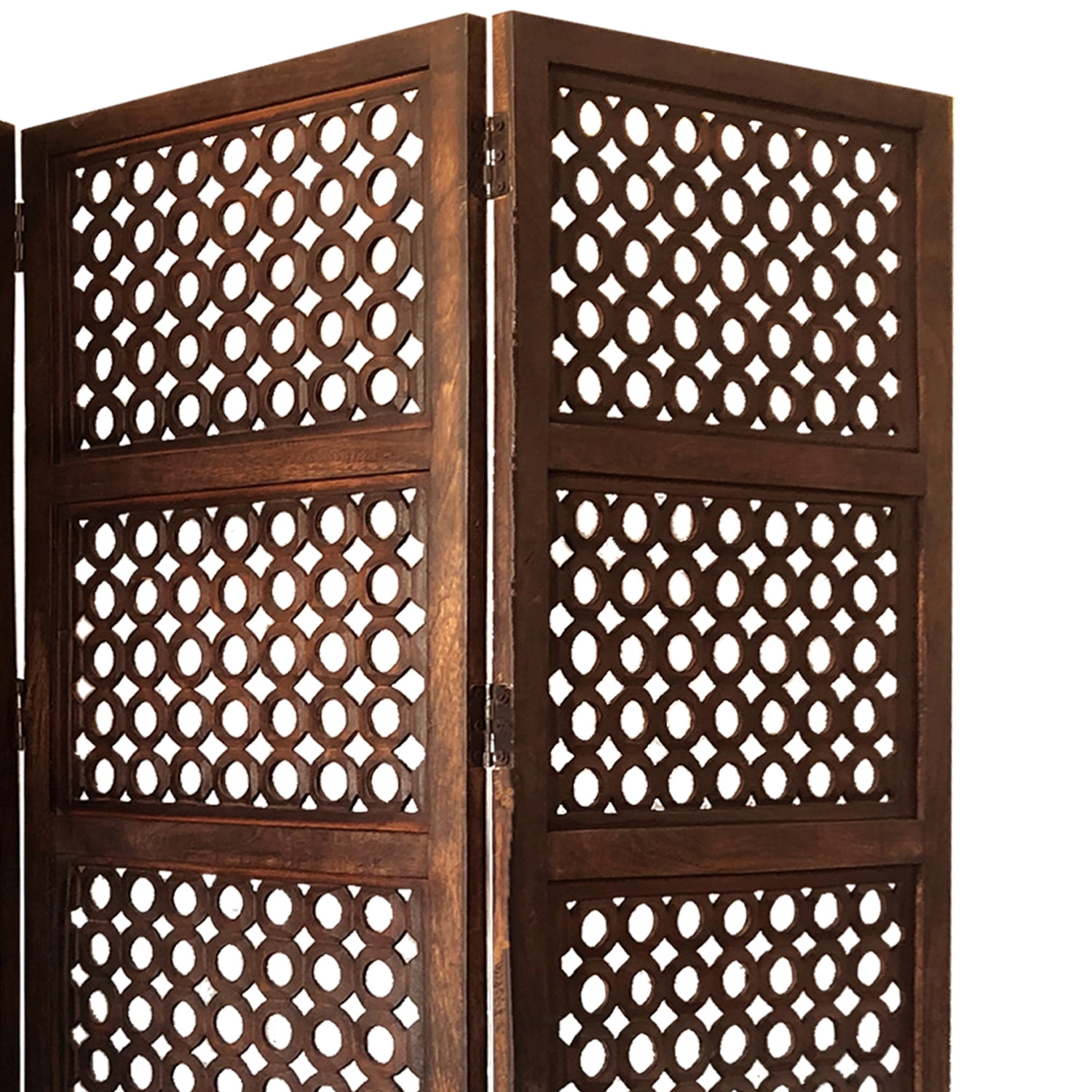 Mango Wood Room Divider - 4 Panel Hinged ScreenDecorative Space SeparatorBrown Finish80" Height
