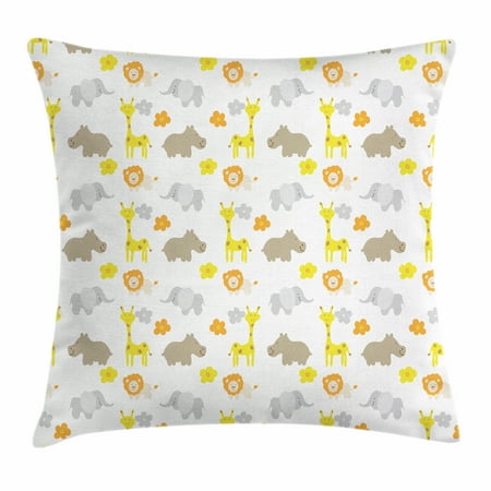 Hippopotamus Sofa Nursery Throw Pillow Cushion Cover, Baby Jungle Animals Elephants Lions Giraffes Hippopotamuses Nature Inspired Design, Decorative Square Accent Pillow Case, 18 X 18 Inches, Multicolor, by Ambesonne ()