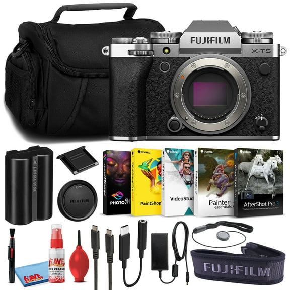Fujifilm X-T5 Mirrorless Digital Camera (Body Only) (Silver, 16782337) Bundle with Corel Photo Editing Software   Large Camera Bag   Lens Cap Keeper   Deluxe Camera Cleaning Kit   More