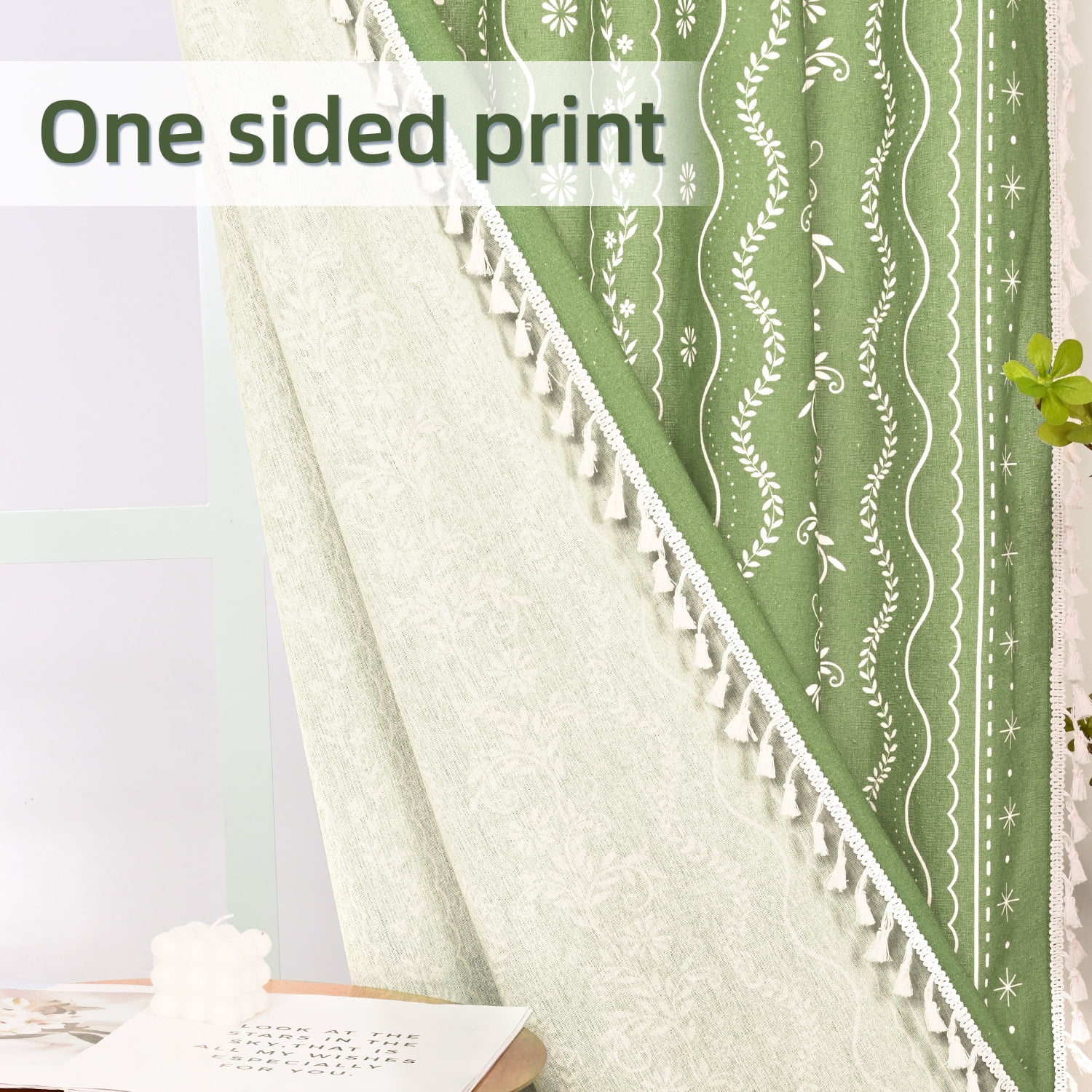 Invoibler Boho Farmhouse Sage Green Light Filtering Linen Curtains with Tassels & White Pattern, 52"x 84", 2 Panels