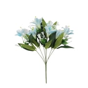Blue Artificial Lilies Bouquet 15.7 Faux Silk Flowers with Green Leaves & White Accents - Lifelike Fake Floral Arrangement for Home Decor Table Centerpieces