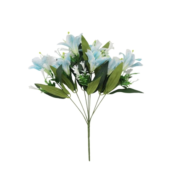Flores artificiales de lirio Ramo de lirio falso con hojas verdes Detalles blancos Arreglo floral artificial para decoración del hogar Centro de mesa Ramo de boda Fondo para fiestas Plástico