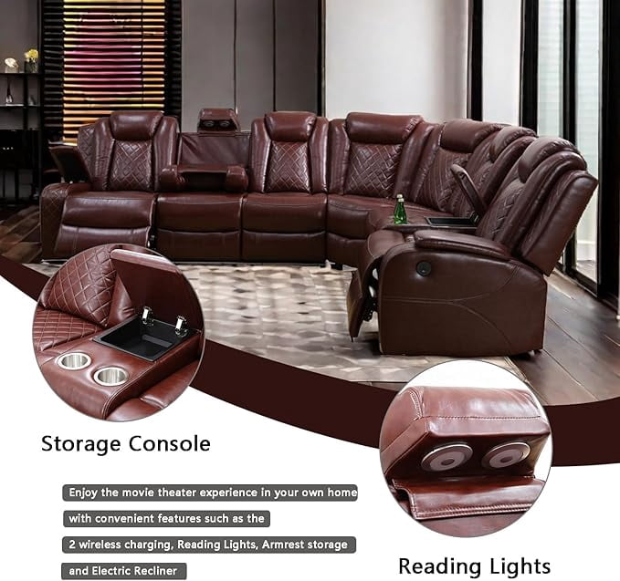 Gewnee Air Leather Power Recliner Sectional Sofa with Cup Holder, Oversize Sofa Couch for Living Room Home Office Theater