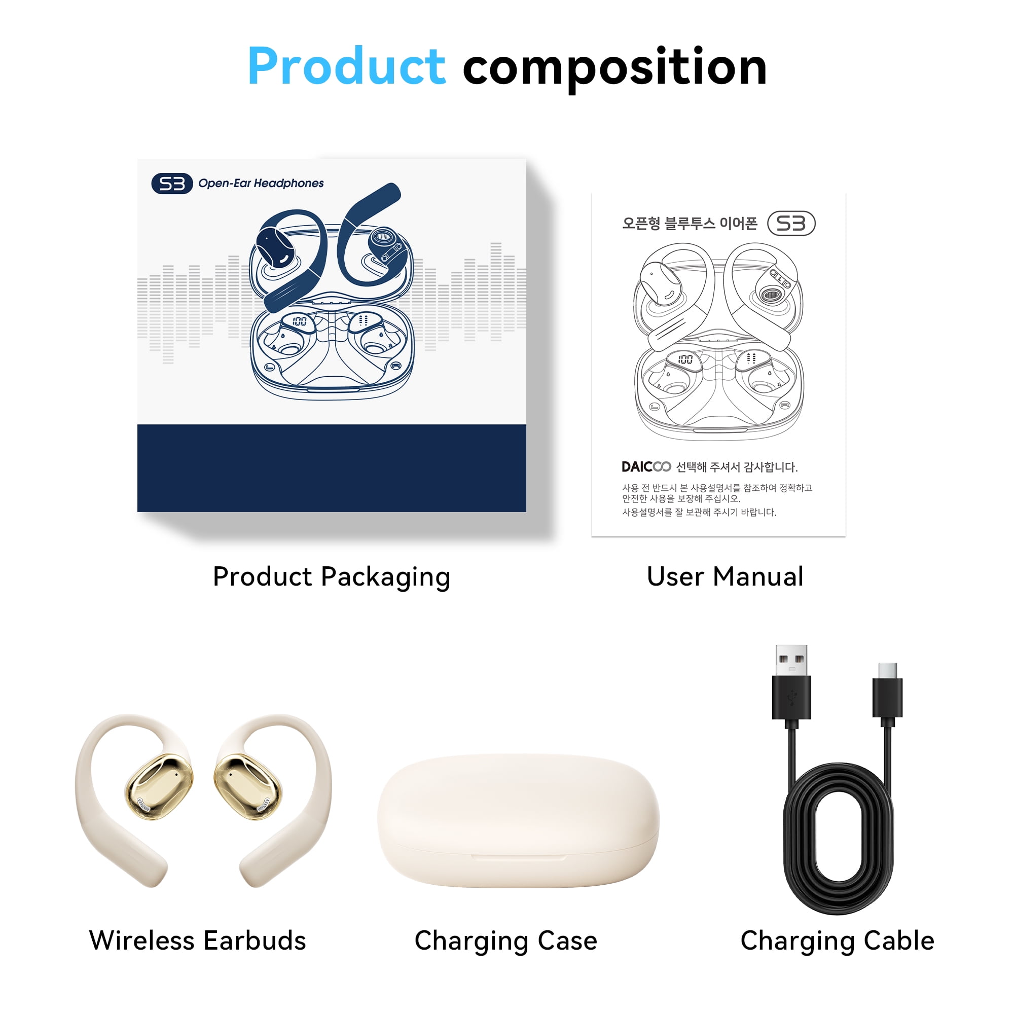 Open Ear Earbuds, Bluetooth 5.4 Wireless Earbuds with Earhooks, 70Hrs Playtime Bluetooth Earphones with LED Display Charging Case, Hifi Stereo Over Earbuds IP7 Waterproof for Sports, Running, Workout