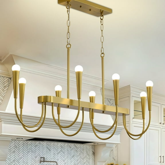 45-inch Gold Modern Farmhouse Linear Chandelier, 8-Light Adjustable Pendant Light for Dining Room, Kitchen Island, Living Room