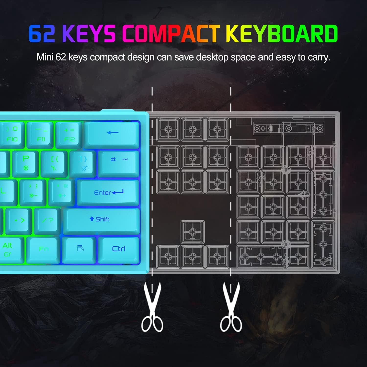 K61 UK Layout RGB 60% Gaming Keyboard Mouse Set Wired 62 Keys Mini Portable Keyboard 7 RGB LED Backlit 19 key Anti-ghosting + 6400 DPI Ultralight Gaming Mouse Honeycomb Shell +Mouse Pad -Blue