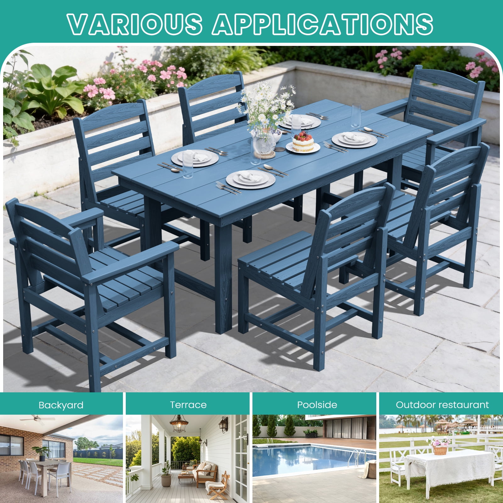 LOYALICE 7 PC Outdoor Patio Furniture Set, Patio Dining Sets, 6 Chairs and 1 Table, Navy Blue