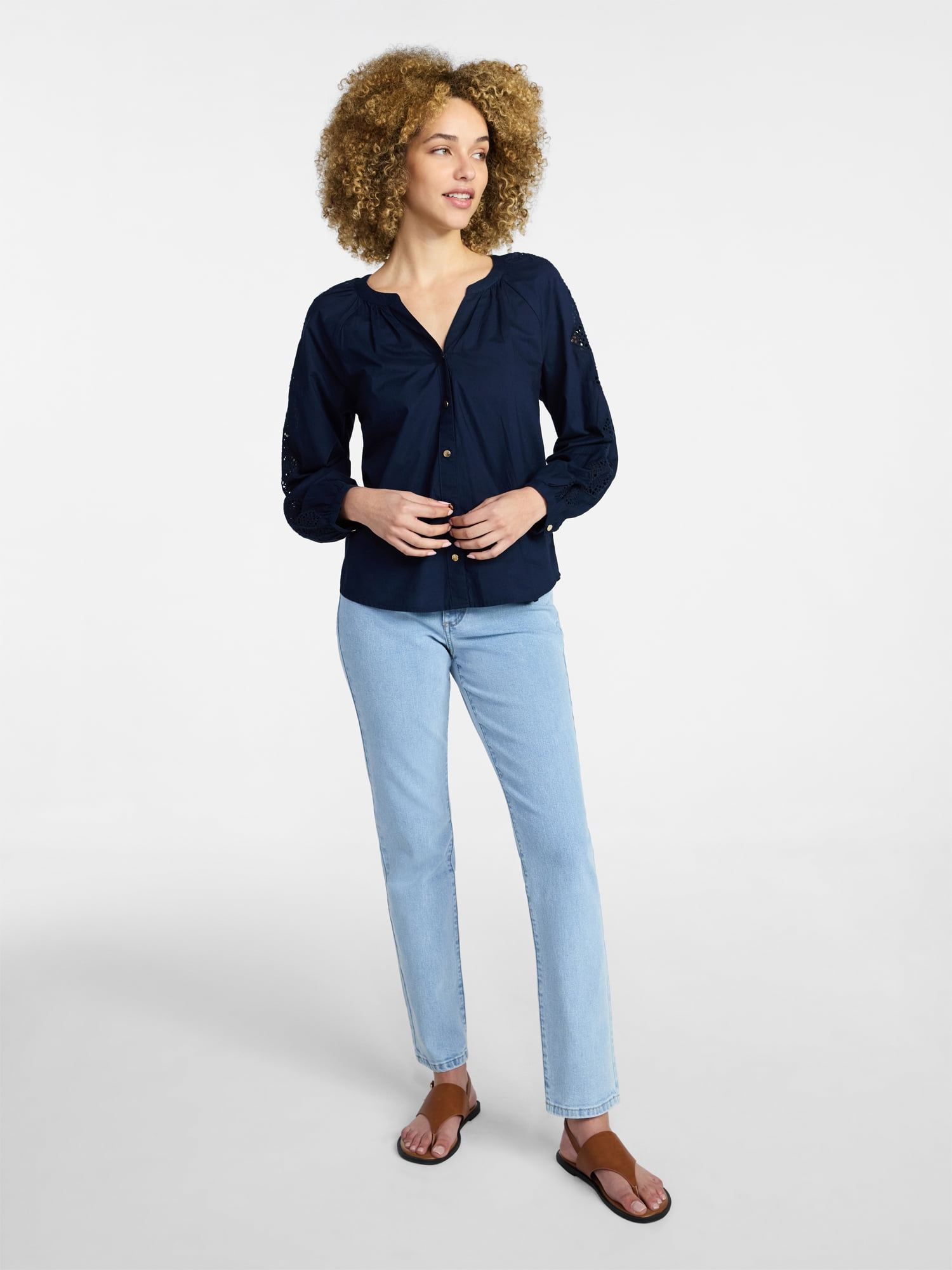 Time and Tru Women's Eyelet Blouse with Long Sleeves, Sizes XS-XXXL