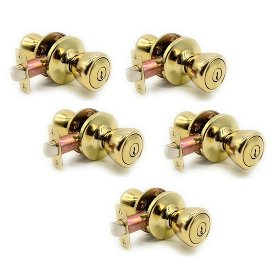 [5-PACK] Keyed Alike Entry Door Knob Lock Set, Polished Brass With 10 Keys