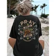 thumbnail image 2 of 100% Cotton Women's Floral & Letter Print Drop Shoulder Tee, Casual Half Sleeve Round Neck T-shirt for Summer, Women's Top for Daily Wear Black  Golf Gift T-Shirt For Men and Women, 2 of 10