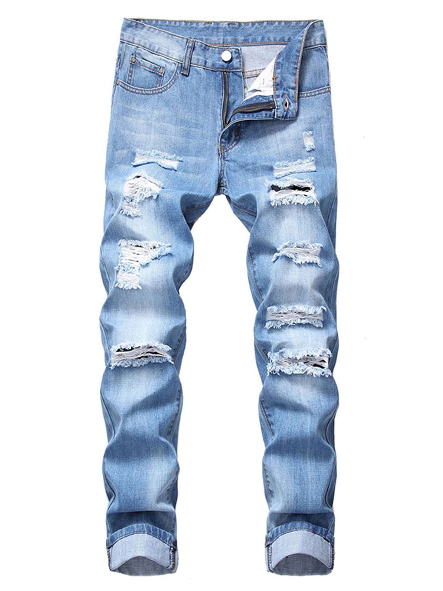 Men Denim Pants Ripped Bleach Blue Skinny Jeans Distressed Holes Frayed Slim 