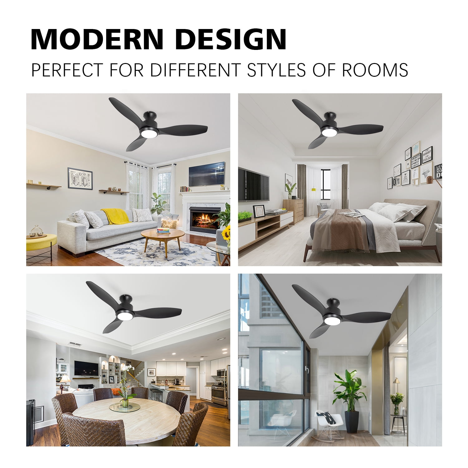 Wozzio 52’’ Indoor Outdoor Ceiling Fan with Light and Remote Control, 3 Black Blades, Silent Reversible DC Motor, Light Memory Function, 6-speed Airflow for Bedroom/Living Room, etc.