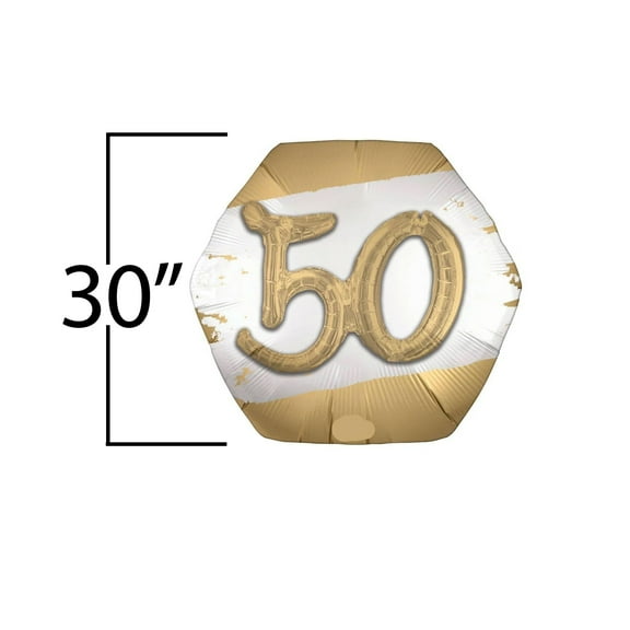 Golden 50th Jumbo Foil Balloon White and Gold - Milestone 3D Effect 30 Inches
