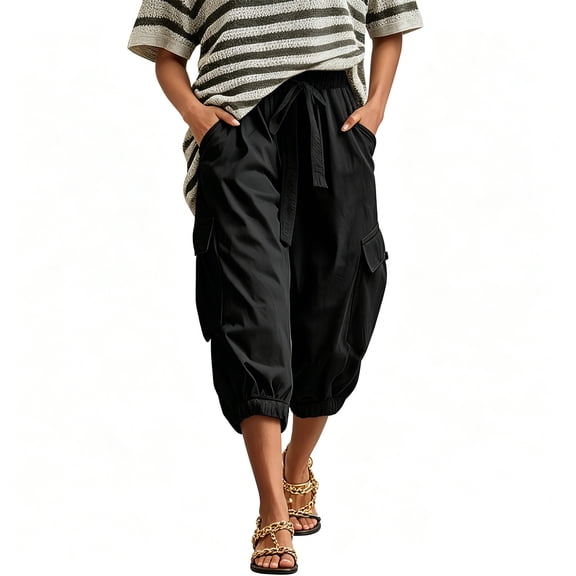MHOSTAFH Womens Wide Leg Cargo Capris Multi-pocket Drawstring Elastic Waist Casual Capri Pants Baggy Hiking Work Cropped Trousers