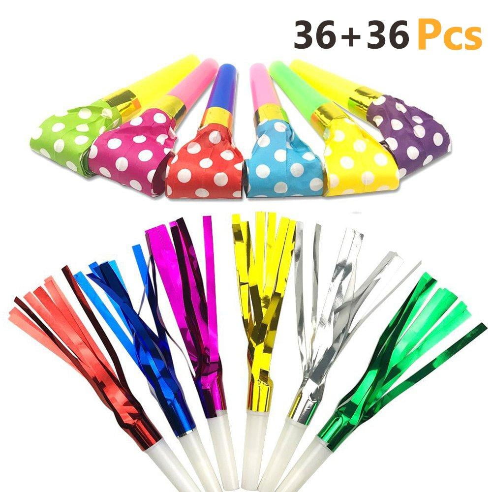 LoveS 72pcs 2 Kinds of Musical Blow Outs Glitter Fringed Metallic Noisemaker Blowouts Whistles