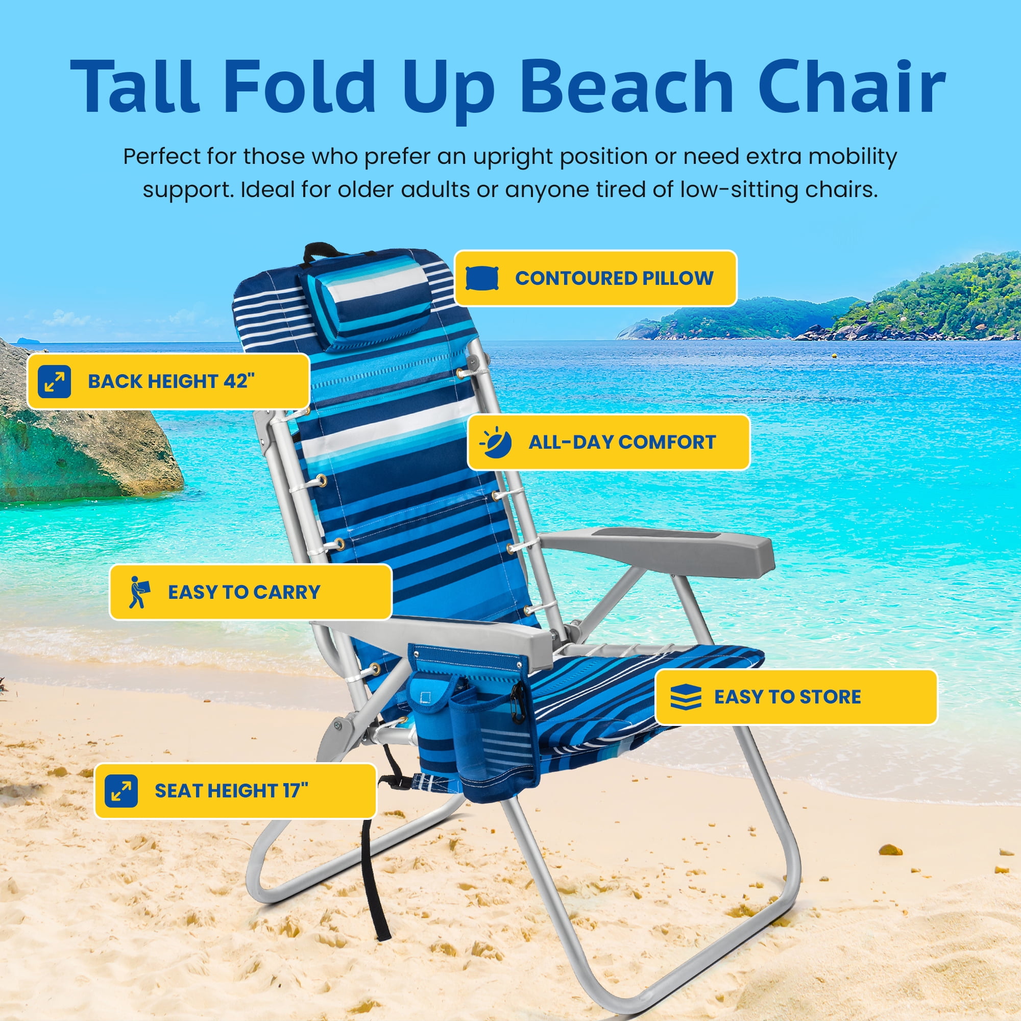 (Tall Chair)  Homevative Folding Backpack High Beach Chair, Towel bar, High Tide