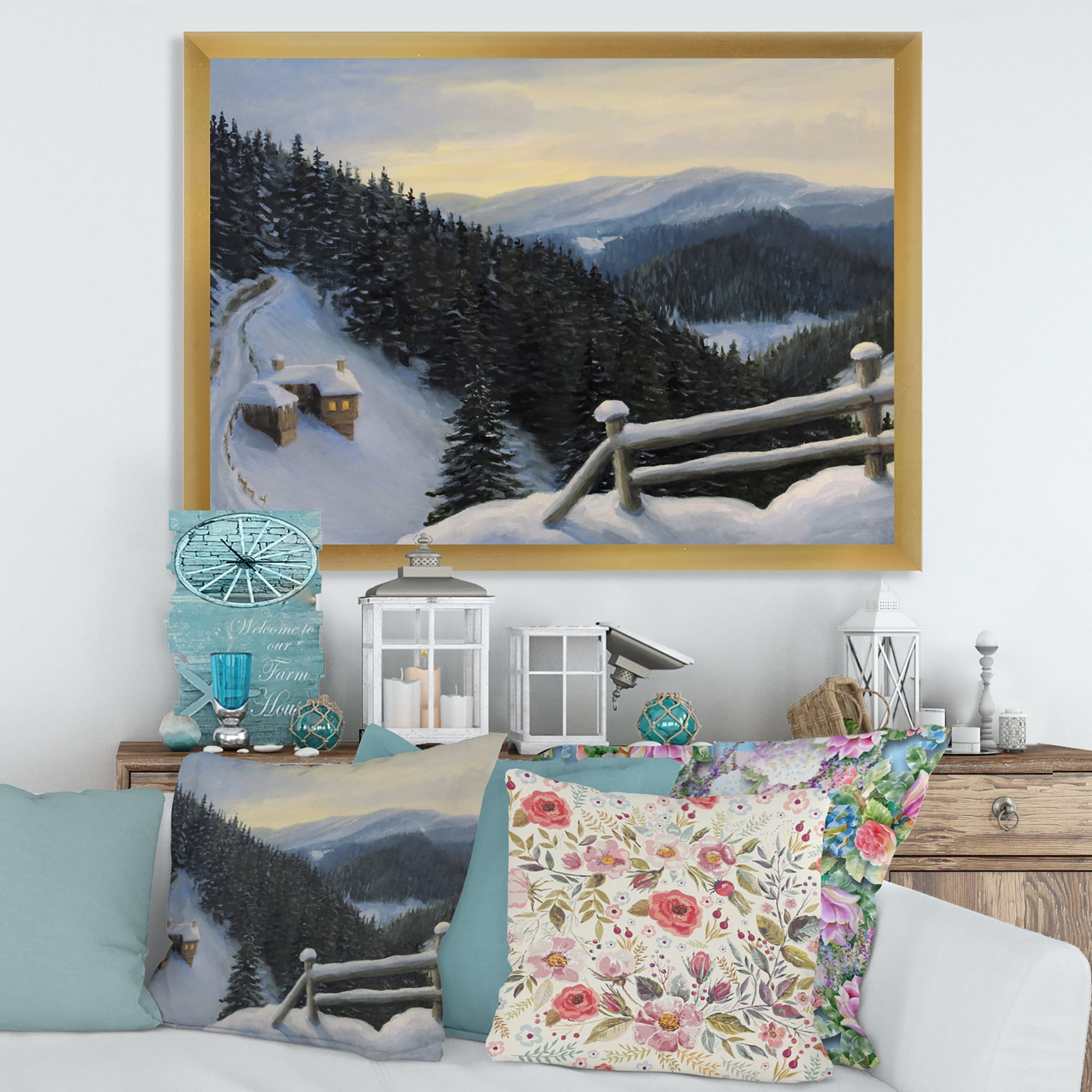 Designart 'View On Snowy Mountain Tops At Evening Glow' Traditional Framed Art Print