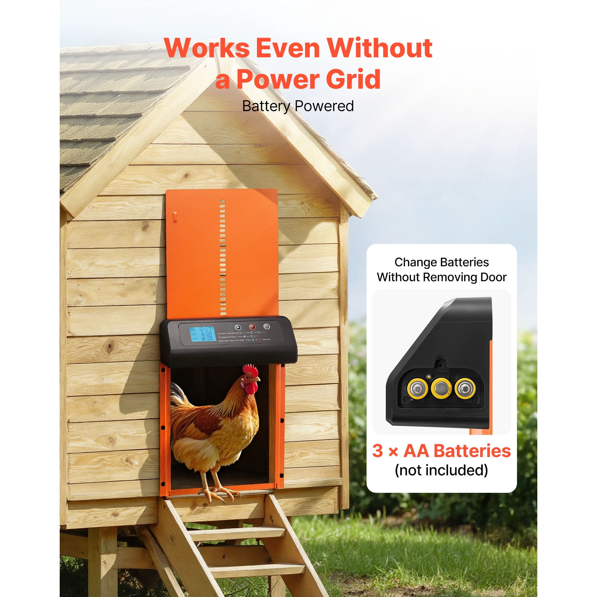 KFFKFF Automatic Chicken Coop Door, Battery-Operated with Timer and Manual Controls, Anti-Pinch Design, Sturdy Aluminum Build, Waterproof Seal, Orange