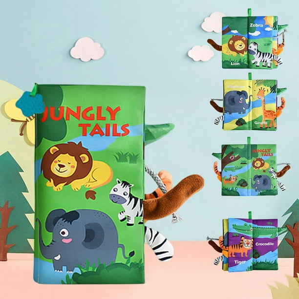 Libro de tela interactivo para bebés | Libro de actividades sensoriales masticable e irrompible con colas y sonido | Libro de cuentos de tela suave para aprendizaje temprano
