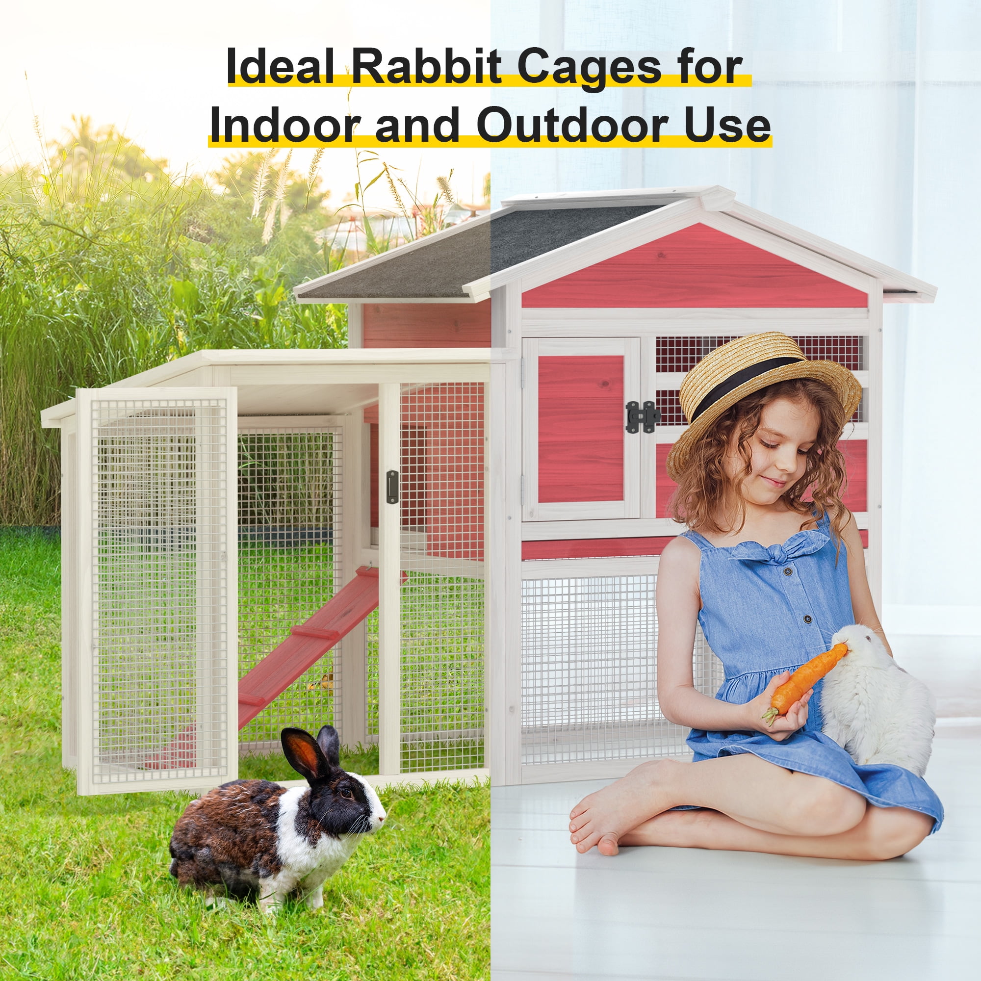 GOJOOASIS Rabbit Hutch Indoor, Chicken Coop Outdoor with Waterproof Roof & Running Cage Large Bunny Cage with Ramp & Removable Tray 2 Story