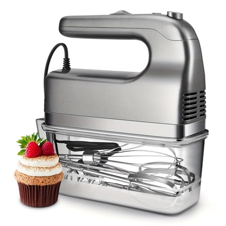 Hand Mixer, 450W Handheld Mixer with Storage Case 5-Speed Plus Turbo Hand Mixer Electric with 5 Stainless Steel Attachments(2 Beaters, 2 Dough Hooks And 1 Whisk), Silvery