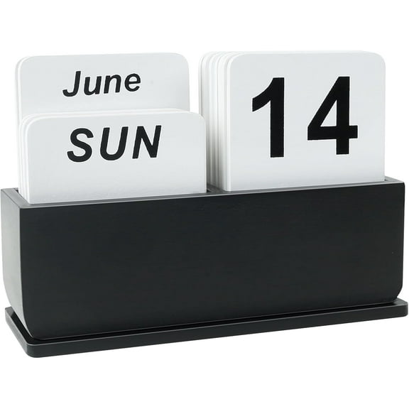 Wooden Block Perpetual Calendar for Desk, Daily Desktop Standing Flip Calendar with Large Display, Modern Farmhouse Aesthetic Desk Accessories for Home Office Decor, Reusable Yearly, Black