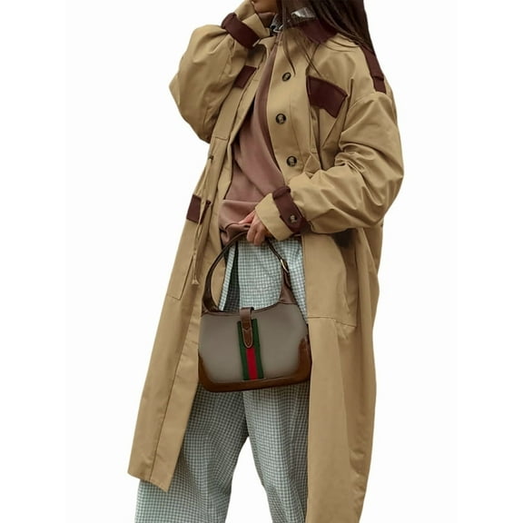 Women'S Retro Contrast Color Long Sleeve Lapel Long Trench Coat Fashion Single Breasted Oversized Windproof Coat Khaki M
