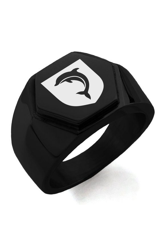 Stainless Steel Dolphin Diligence Coat of Arms Shield Engraved Hexagon Crest Flat Top Biker Style Polished Ring