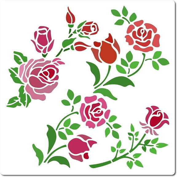 Rose Flowers Stencil 18x18cm Floral Bud Vine Branch Leaves Pattern Templates Reusable Square Plastic Painting Stencils Sign for Notebook Scrapbooking Card Decor Home DIY Drawing Tool