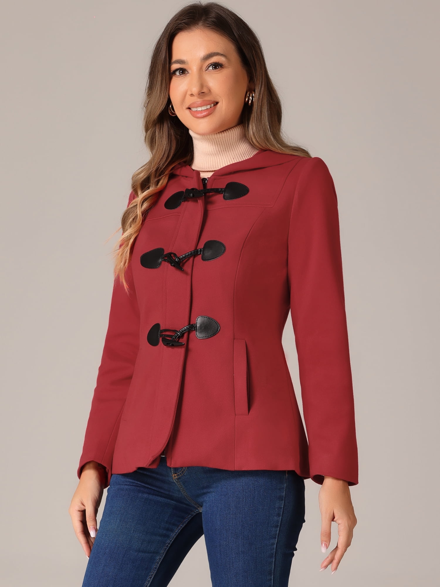 DARING DIVA Women's Winter Outwear Hooded Zip Up Button Toggle Pea Coat Red M