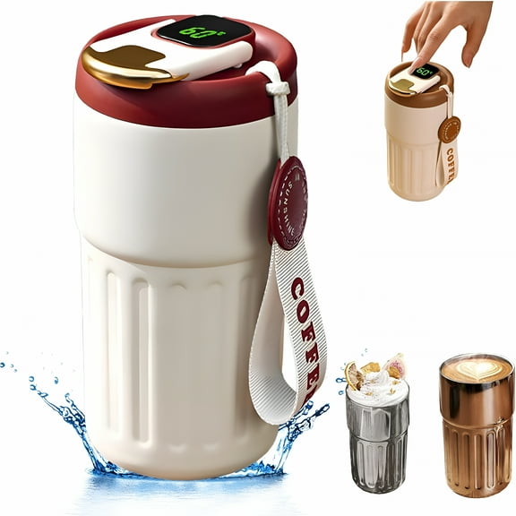 ACDANC Coffee Thermos with Temperature Display,450ml Keep Warm and Cold for 18 Hours Travel for Men and Women (White with Red Lid)