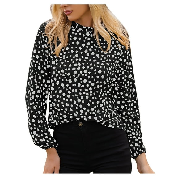 Women's Polka Dot Leopard Blouses Dressy Long Sleeve Mock Neck Shirt Tops Loose Fit Elegant Work Office Tshirts Top